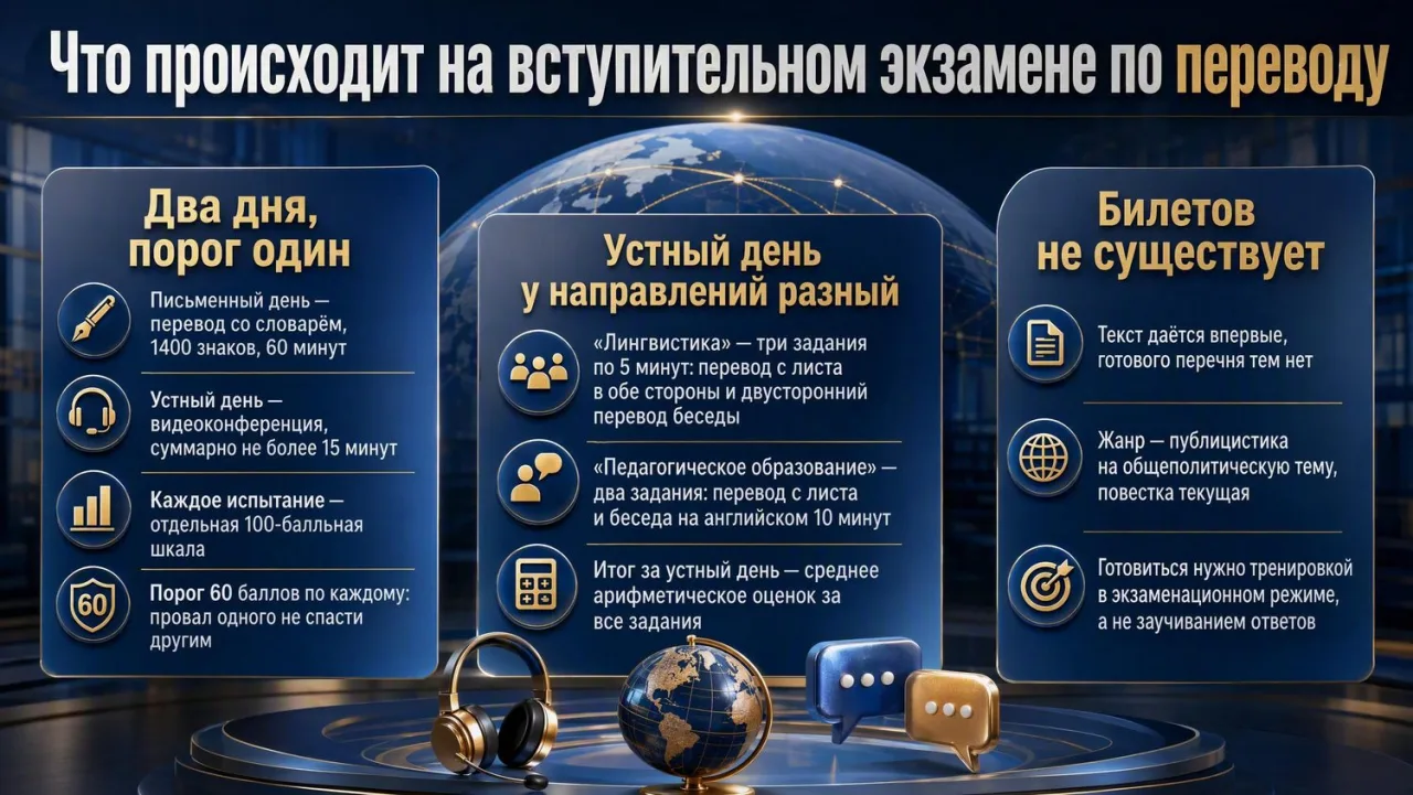 Схема вступительного испытания по переводу: письменный и устный дни, три задания «Лингвистики», пороги оценки