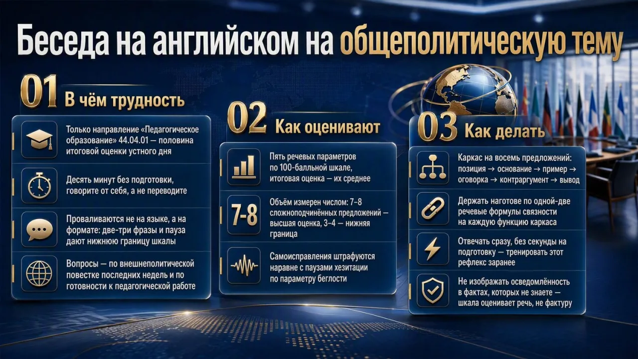 Схема беседы на английском на общеполитическую тему: пять речевых параметров шкалы и каркас ответа